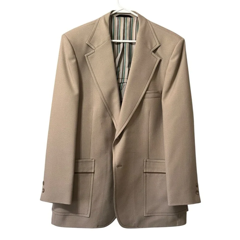Johnny Carson Blazer Mens Measured Tan Sports Coat Jacket 2 Buttons Designer VTG